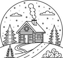 Winter scene with a house and trees coloring page vector