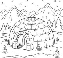 An igloo coloring page with a snow covered mountain vector