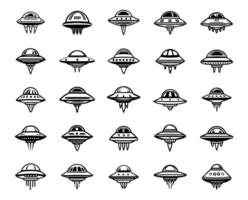 Ufo icon line set. Astronomy ship for cosmos and technology silhouette collection. Spacecraft sign and simple cosmic object unidentified illustration. vector