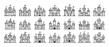 Castle icon line set. Fortress kingom building collection. Cartoon tower sign and stone medieval architecture. King citadel illustration vector