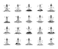Lighthouse icon line set. Signal for landmark architecture collection. Searchlight outline building and sea tower sign illustration. vector