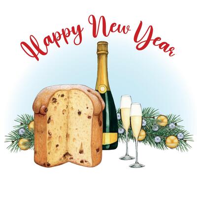 Watercolor hand drawn panettone and wine
