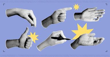 Set of halftone images of hands. Pop art retro style illustration vector