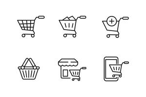 Set of shopping cart icons with black line style on a white background vector