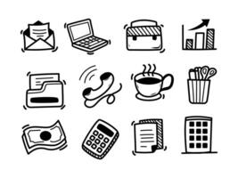 Set of office-related doodle vectors on a white background. Hand-drawn office elements illustration