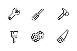 Set of tools icon in black line design on white background vector