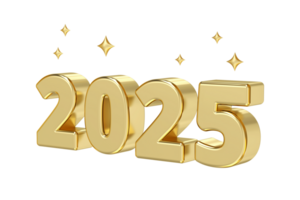Isometric view of golden 2025 text with sparkling stars, symbolizing bright and prosperous new year, idea for New Year celebration themes, 3d rendering png