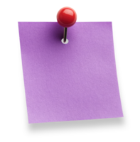 Purple paper note with red push pin isolated on transparent background png