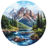 Circular Illustration of Snow-Capped Mountains, Flowing River, and Evergreen Trees png
