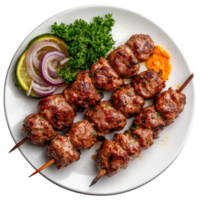 Meat skewers with vegetables and onions on a plate png