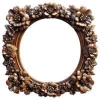 wooden frame . exquisite wooden frame with intricate detailing full of cones and flowers for picture placement . wooden border frame top view flat lay isolated. picture frame with empty center png