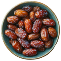 Dates in bowl . Bowl full of dates top view . bowl with date fruit flat lay isolated. organic, healthy, vegan, vegetarian dates full of vitamins isolated png