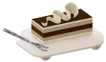 Opera cake with a fork placed on a white tray in pixel art style png