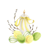 White candle with Easter colored eggs and willow branches decoration and yellow bow watercolor illustration. Springtime Happy Easter hunting party card, invitation design. Religious poster,label decor png