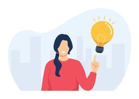 Concept of thinking, brainstorm, creativity, creative idea. Young smart woman with bright light bubble on blank space for message. vector