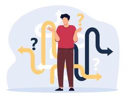 Business decision making, career path, work direction or choose the right way to success concept. Confusing businessman looking at crossroad sign with question mark and think which way to go. vector