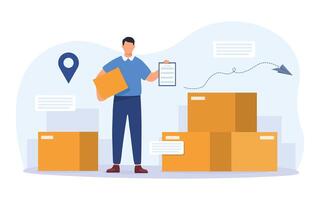 Warehouse staff wearing uniform loading parcel box and checking product from warehouse delivery. vector