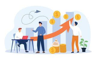 Business concept. Startup managers presenting and analyzing sales growth chart. Group of workers with heap of cash. vector