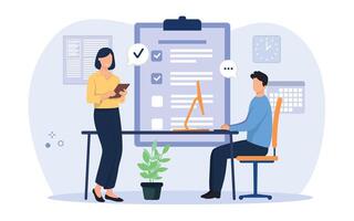 Team checklist concept illustration. Checklist to complete project task, accomplish work checkmark, todo list clipboard or project status report, plan to finish work concept. vector