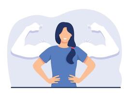 Woman power and high esteem concept illustration. Brave confident smiling woman standing showing biceps shadows facing fears like powerful hero. vector