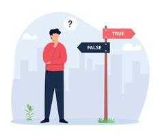 Truth or false concept illustration. A man thinking or comparing between truth and false. vector