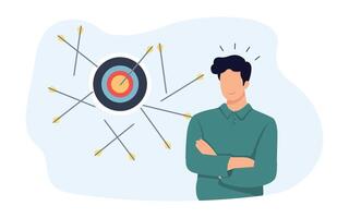 Business concept illustration. Happy businessman hit target with arrow after several failed attempts concept of business. vector