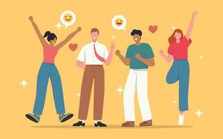Flat happy people illustration. Looks like win. Team workers smiling and raising hands up. vector
