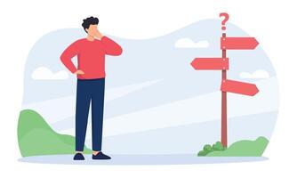 Pensive businessman making decision. Making choices - A man trying to make decision in front of T-junction sign. Uncertainty and doubt concept. vector