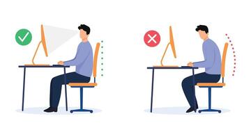 Ergonomics - Man silhouette of correct and incorrect sitting posture when using a computer. Medical infographics with spine sitting correctly on a chair vector
