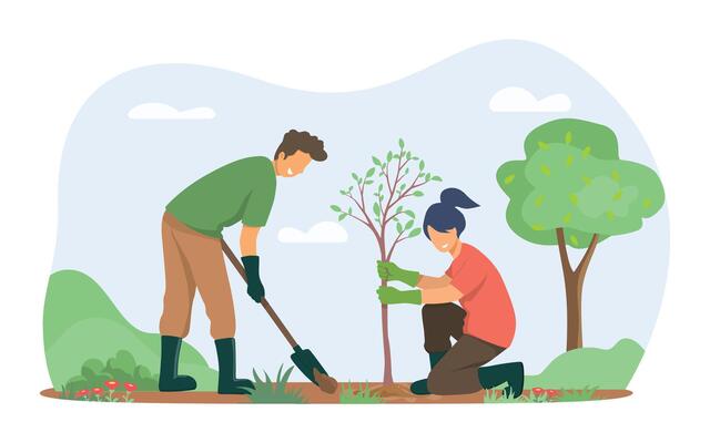 Young people plant trees in city park in the spring. Group people work together to improve the environment.