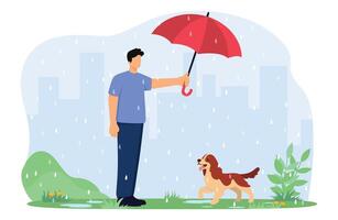 Man with umbrella and dog walking in rain in city park. Leisure, Communicating with Home Animal in Park. vector