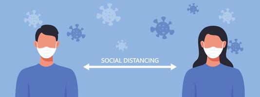 man and woman character wearing surgical or medical face mask maintain social distancing to prevent from virus spreading and flu prevention. coronavirus, social isolation and self quarantine concept. vector
