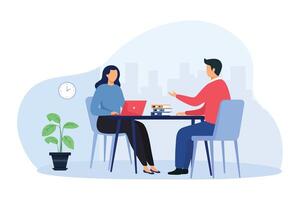 Job interview illustration concept. Modern flat illustration of a woman talking to a man with a laptop. Isolated in the background. vector