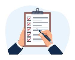 Businessman doing check marks on checklist Clipboard and agreement. Checklist on clipboard. vector
