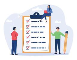 Business people holding pencil complete task checkbox. Checklist to complete project task, accomplish work checkmark, todo list clipboard or project status report, plan to finish work concept. vector