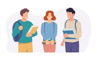 Happy people with textbooks at college or university. Students with book and backpacks satisfied with education course. vector