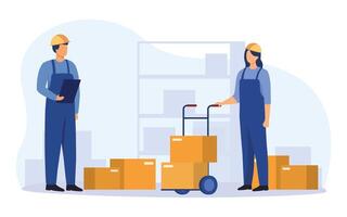 Warehouse management and logistic process concept. Storehouse workers keeping records of boxes. vector