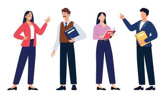 Teacher collection concept. Male and female characters explain classes isolated on white background. vector