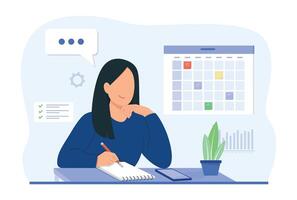 Woman working in office. Business and organization concept. Woman with smartphone using scheduling app. vector