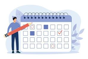 Characters planning work tasks and making schedule using calendar. Man with pencil appointing date of event and making note in calendar. Business and organization concept. vector
