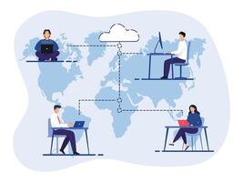 Business Outsourcing, People Using Cloud System in Distant Work and Data Storage. Business process outsourcing, outplacement, offshore software development, freelance job, and recruitment company. vector
