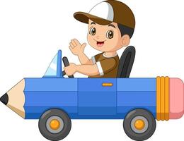 Cartoon boy riding a pencil car vector