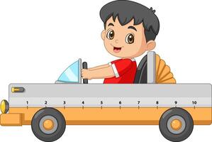 Cartoon boy riding a ruler car vector
