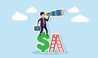 A businessman uses a telescope from atop a dollar sign, illustration of observing and analyzing ways to stabilize company finances vector
