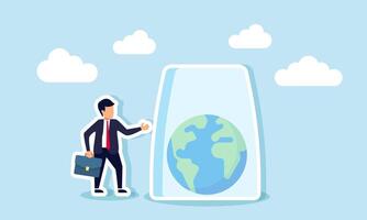A businessman stands beside a glass jar containing a globe symbol, illustration of saving the earth from greed and exploitation by entrepreneurs vector