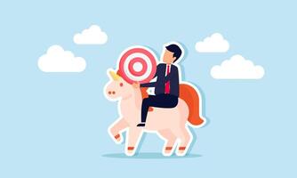 A businessman carries a target board while riding a unicorn, illustration of discipline in achieving business targets to sustain the growth of unicorn-level startups vector