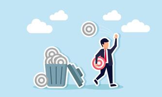 A businessman walks carrying a target board and throws a grayscale target board into a trash bin, illustration of step-by-step completing business targets vector