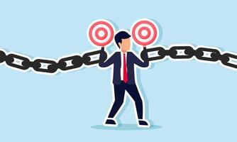 A businessman holds a target board in each hand chained together, illustration of binding company rules requiring the completion of business targets vector