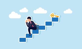 A businessman feels sad and sits on the middle of stairs leading to a key, illustration of stopping the fight before finishing or completing the search for business solutions vector