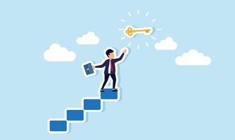 A businessman stands at the top of a ladder reaching for a glowing key, illustration of efforts to find solutions to business challenges vector